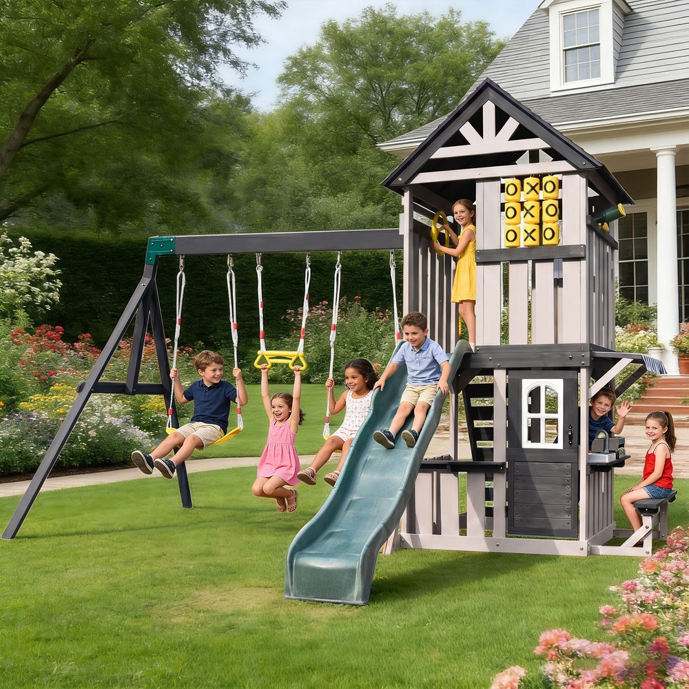 8IN1 Wooden Kids Swing Slide Sets Playhouse Kitchen Outdoor Playground