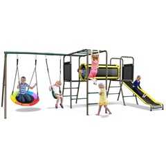 6 in 1 Metal Playground Swing Set Outdoor Play Set for Kids w/ Slide & 2 Swings