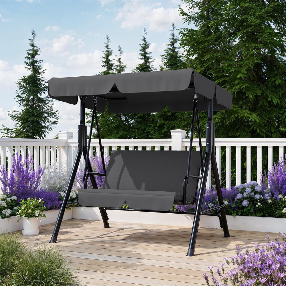 Garvee 3-Seat Outdoor Patio Swing w/ Stand, Adjustable Canopy, Heavy Duty, Grey