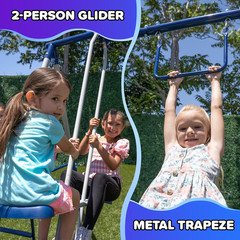 Arcadia Metal Swing Set for Kids – Trapeze, 2-Person Glider, 5Ft Slide, Anchor K