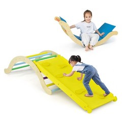 HONEY JOY Wooden Ladder Arch for Climbing, 3 in 1 Kids Climber Ladder & Rocker B