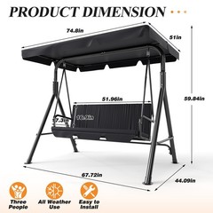 3-Seat Patio Swing Chair Outdoor Porch Swing with Adjustable Canopy
