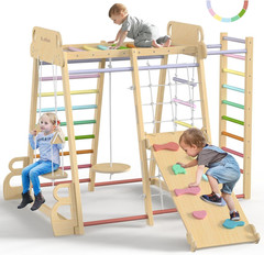 Upgraded Indoor Jungle Gym 9-In-1 Playground Kids Climbing Toys, Waldorf Style W