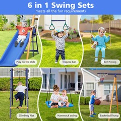 7 in 1 Swing Set for Kids Outdoor A-Frame Heavy-Duty Metal Swing Sets with Slide