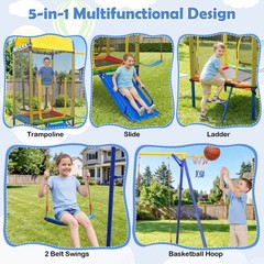 5-in-1 Kids Swing Set w/Trampoline Roof 2 Belt Swings Slide Ladder for Children