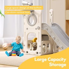 6 in 1 Toddler Playset with Hoop Ball Kids Playground Slide Outdoor Toys Gray