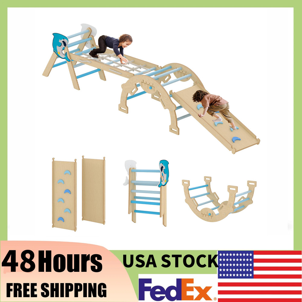 220 lbs Wooden Climbing Triangle Set w/Ramp & Arch Jungle Gym for Toddlers 1-3