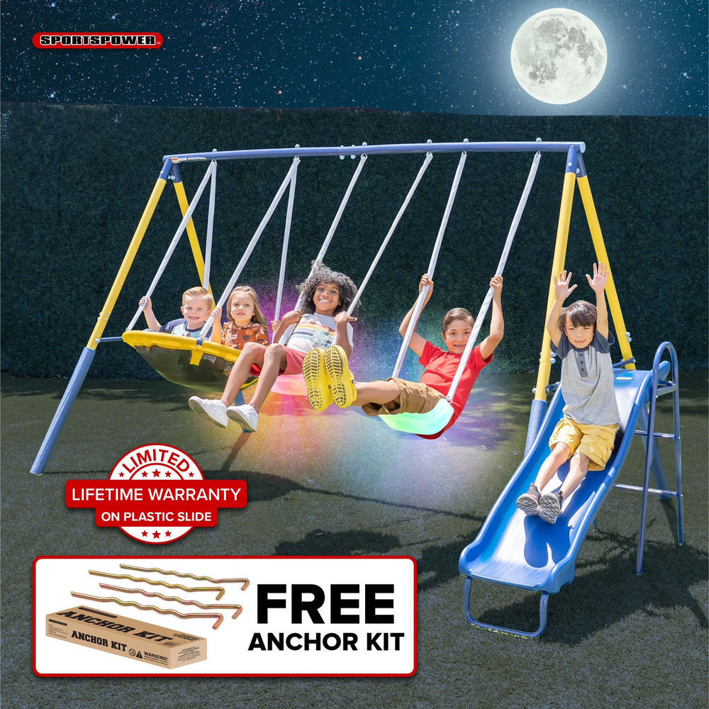 Starlight Metal Swing Set for Kids Ages 3–8 with 2 LED Swings, Saucer Swing, 5Ft