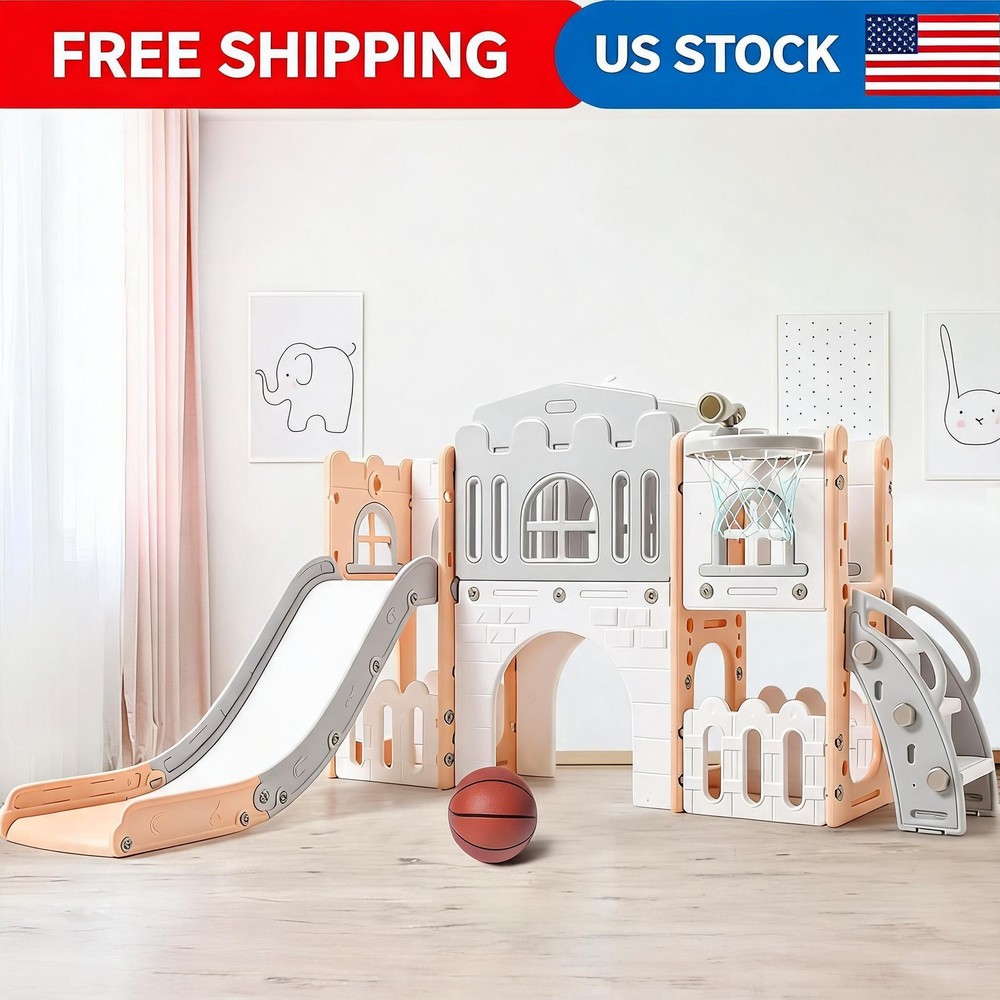 1 Toddler Slide Set, Kids Slide with Basketball Hoop, Telescope, Steering in 8