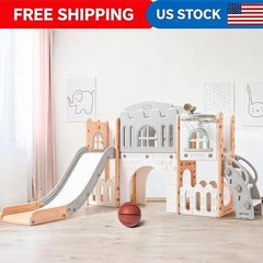 1 Toddler Slide Set, Kids Slide with Basketball Hoop, Telescope, Steering in 8
