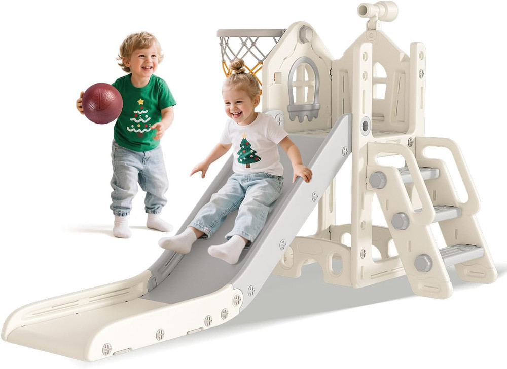 6 in 1 Toddler Slide – L-Shaped Baby Slide for Toddlers Aged 1-3 with Basketball