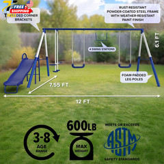 Arcadia Metal Swing Set for Kids Trapeze 2 Person Glider 5ft Slide Outdoor Backy