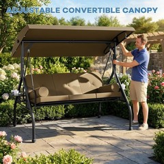 3 Seat Outdoor Porch Swing Chair, Adjustable Canopy Swing Bench, Convertible