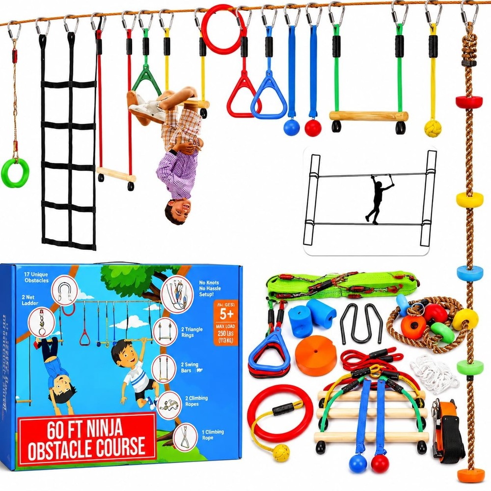 Hyponix Ninja Warrior Obstacle Course for – 2 x 60 ft Slackline with 13 Outdo…