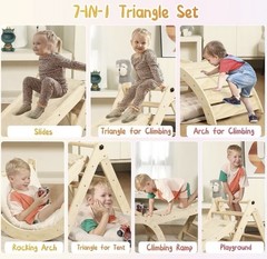 “Pikler Triangle Set with Cushion, 7-in-1 Montessori Climbing Toys for Toddlers”
