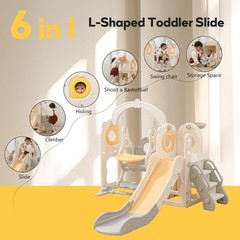 Freestanding Toddler Slide with Swing Set 6 in 1 Kids Playset L Shaped Beige