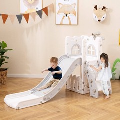 6 in 1 L-shaped Toddle Slide for Toddlers Age 1-3 Baby Slide w/ Basketball Hoop