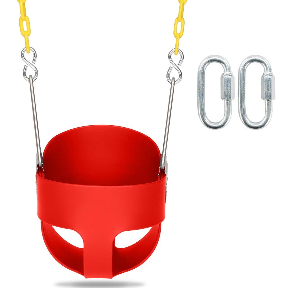 High Back Full Bucket Kids Swing Seat with Plastic Coated Chains and Red
