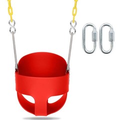 High Back Full Bucket Kids Swing Seat with Plastic Coated Chains and Red