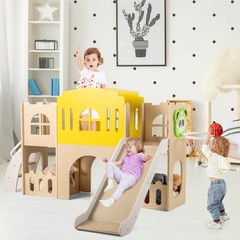 7-in-1 Toddler Slide Set Wooden Castle-Shaped Entertainment Activity Center