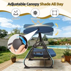 3 Seat Outdoor Porch Patio Swing with Adjustable Canopy& Backrest,Outdoor