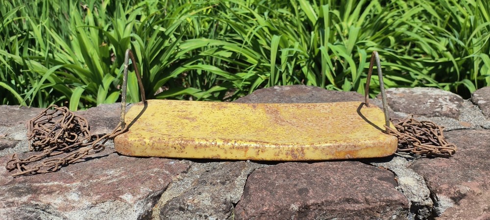 1960s Vtg Yellow Metal Flat Swing Seat w/original chain industrial decor Blazon?