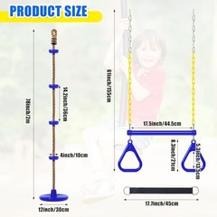 2 Set Gym Ring Trapeze Swing Bar and Climbing Rope with Platforms Disc Blue