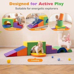 7PCS Soft Foam Climbing Blocks Set w/Slide & Tunnel, Waterproof & Easy to Clean