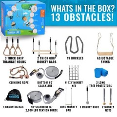 Hyponix Ninja Warrior Obstacle Course for Kids – 2 x 60 ft Slackline with 13 …