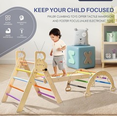 BlueWood Pikler Triangle Set, 7-in-1 Foldable Wooden Toddler Climbing Toys