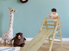 Pikler Triangle Ladder with Ramp and Slide, Wooden Foldable 2-in-1 Climber