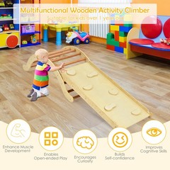 Costway 3-in-1 Kids Climber Set Wooden Arch Triangle Rocker w/ Ramp & Blue Mat
