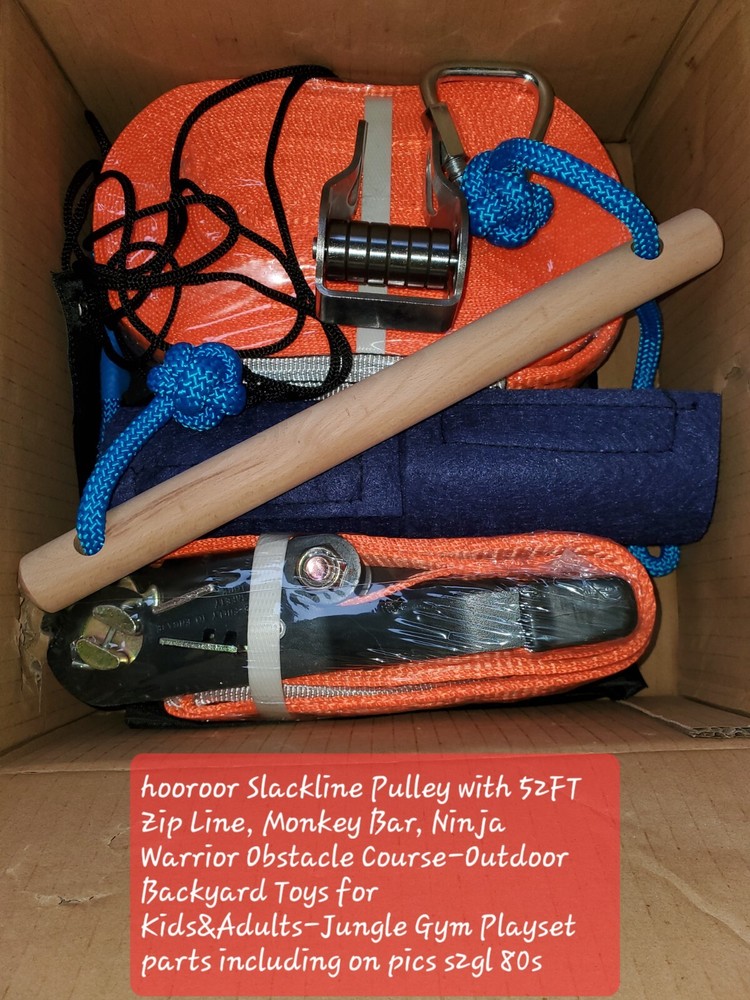 hooroor Slackline Pulley with 52FT Zip Line, Monkey Bar, Ninja Warrior Obstacle