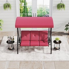 Red 3-Seat Patio Swing, 180° Reclining Bed, Adjustable Canopy, 800lb Steel