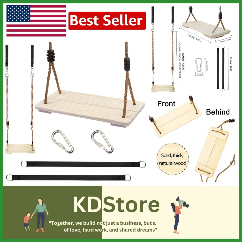 Outdoor Wooden Swing Seat – Adjustable Rope & Tree Strap Kit for Garden