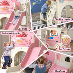 9 in 1 Toddler Slide, Bus-Themed Kids Slide and Climber Playset with Basketball