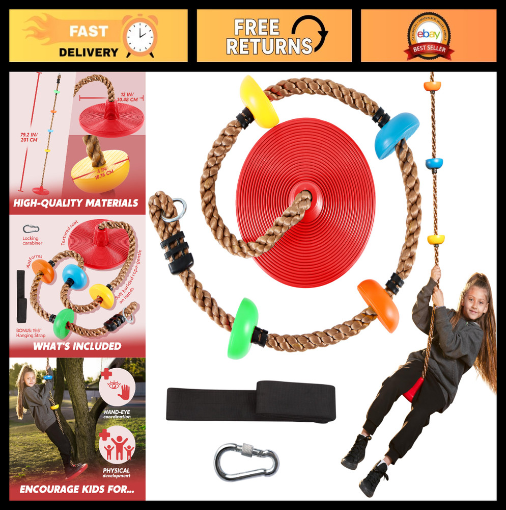 Outdoor Tree Swing for Kids – 6 Ft Climbing Rope, Carabiner & Strap, Multi-Color
