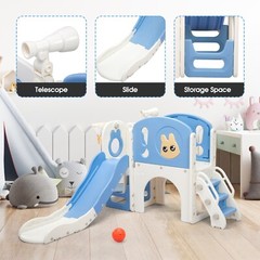 6 in 1 Toddler Slide Playset Climber Playground for Kids w/ Basketball Hoop Blue