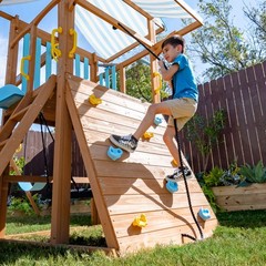 Teamson Kids Laguna Wooden Swing Set with Slide & Rock Wall