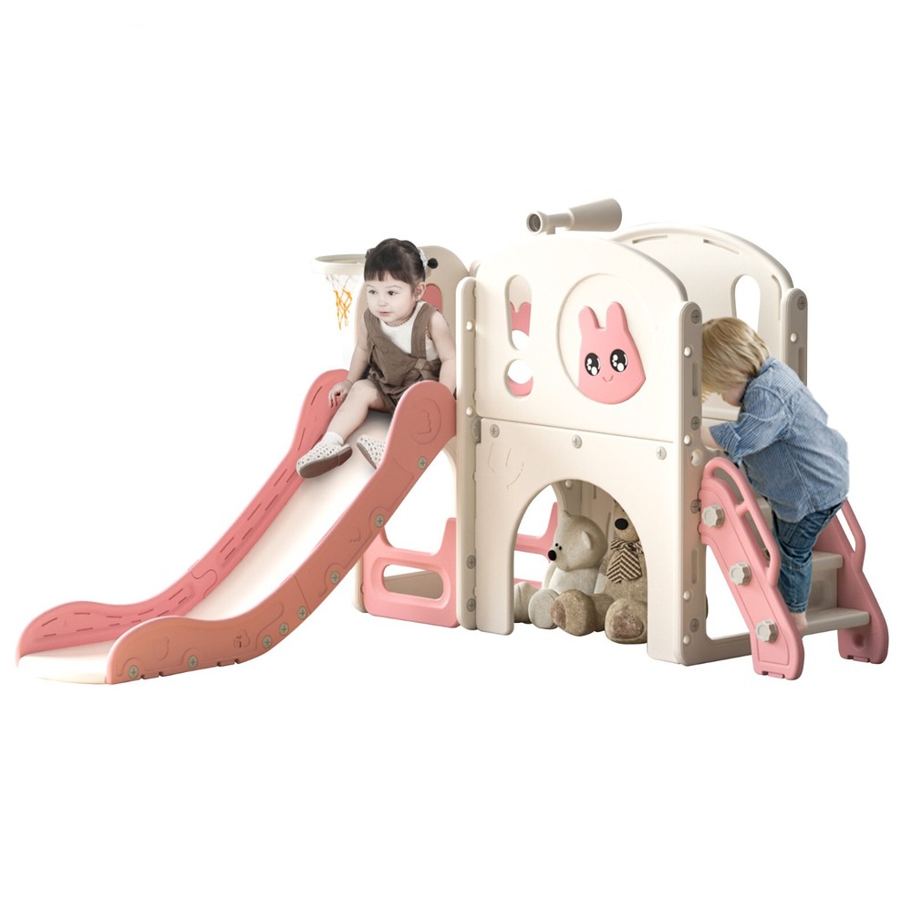 6 in 1 Toddler Slide Playset Climber Playground for Kids w/ Basketball Hoop Pink
