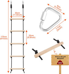 Rope Ladder for Kids Climbing Obstacle Wooden Swing Rope Ladder with 2 Hooks for