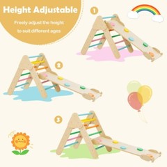 2-in-1 Wooden Climbing Ladder Kids Triangle Climber Toy w/Climbing Ramp and Arch