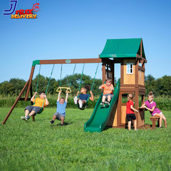 Lakewood Cedar Wood Swing Set with Wave Slide Playhouse Snack Bar Window NEW