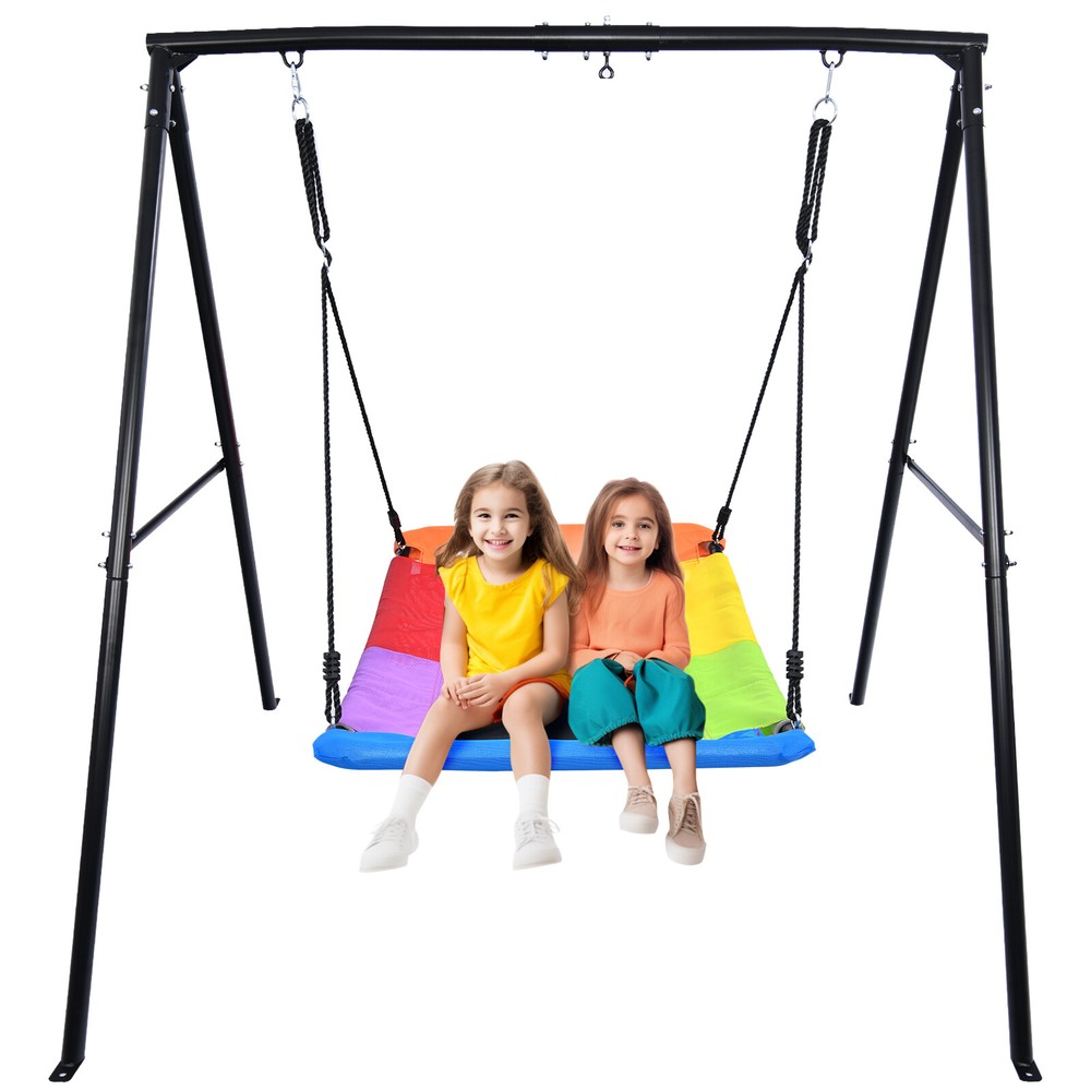 440lbs Heavy Duty Metal Swing Set w/60″ Platform Swing for Kids Backyard Playset