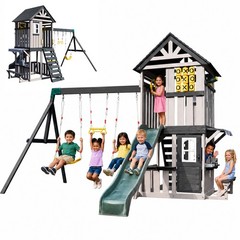 8IN1 Wooden Kids Swing Slide Sets Playhouse Kitchen Outdoor Playground
