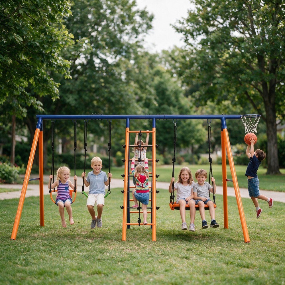 6 IN 1 Large Heavy Duty Metal Swing Set for Kids Backyard Playground 700lbs New