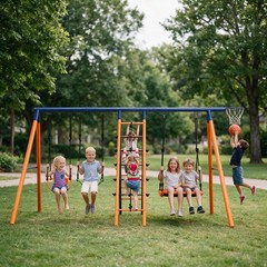 6 IN 1 Large Heavy Duty Metal Swing Set for Kids Backyard Playground 700lbs New
