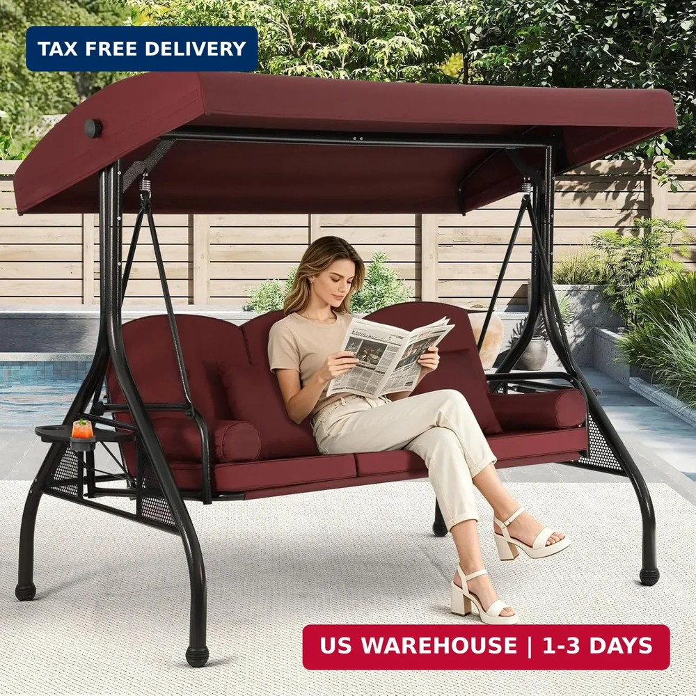 3 Seat Outdoor Porch Swing with Adjustable Canopy,2 in 1 Patio Swing Bed with St