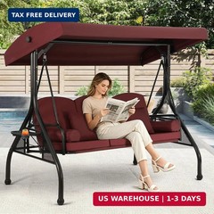 3 Seat Outdoor Porch Swing with Adjustable Canopy,2 in 1 Patio Swing Bed with St