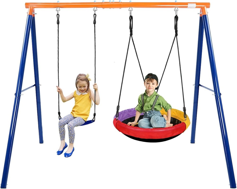 A-Frame Swing Set 500lbs Metal Kids 2in1 Saucer Belt